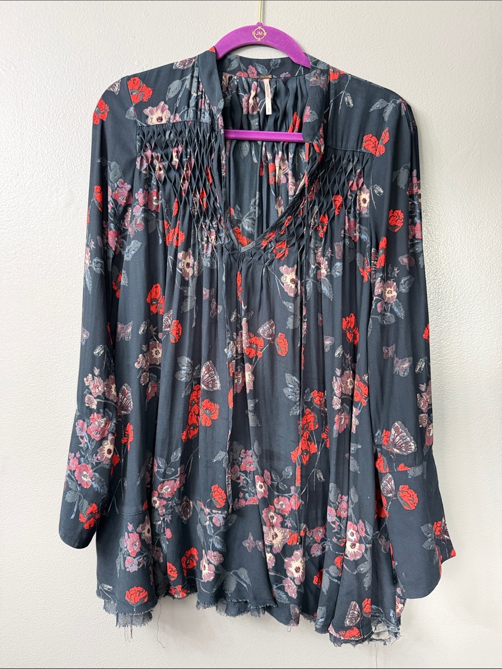 Free People So Fine Pebble Crepe Smocked Tunic in navy combo floral small